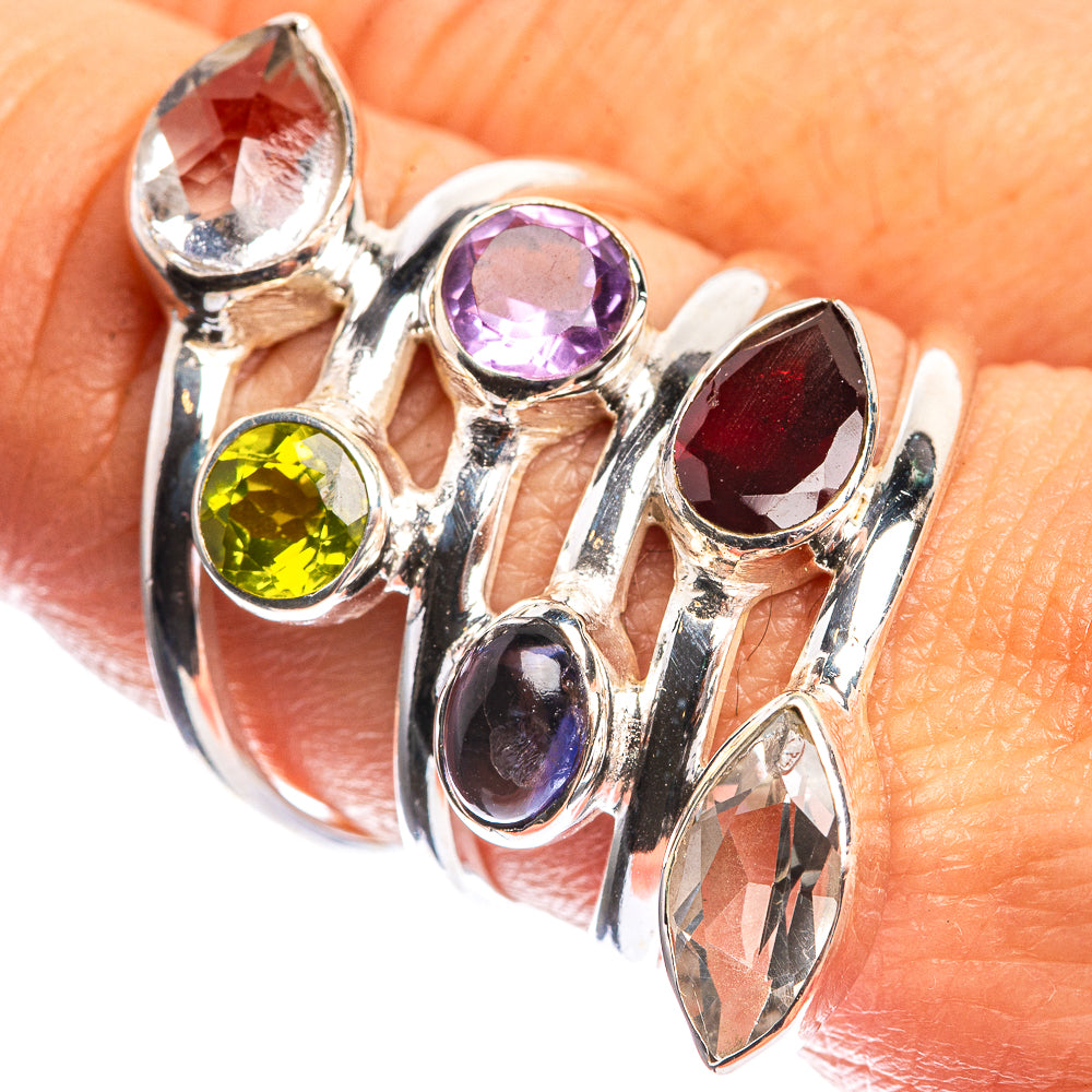 Large White Quartz, Garnet, Tanzanite, Amethyst, Peridot 925 Sterling Silver Ring Size 8.25
