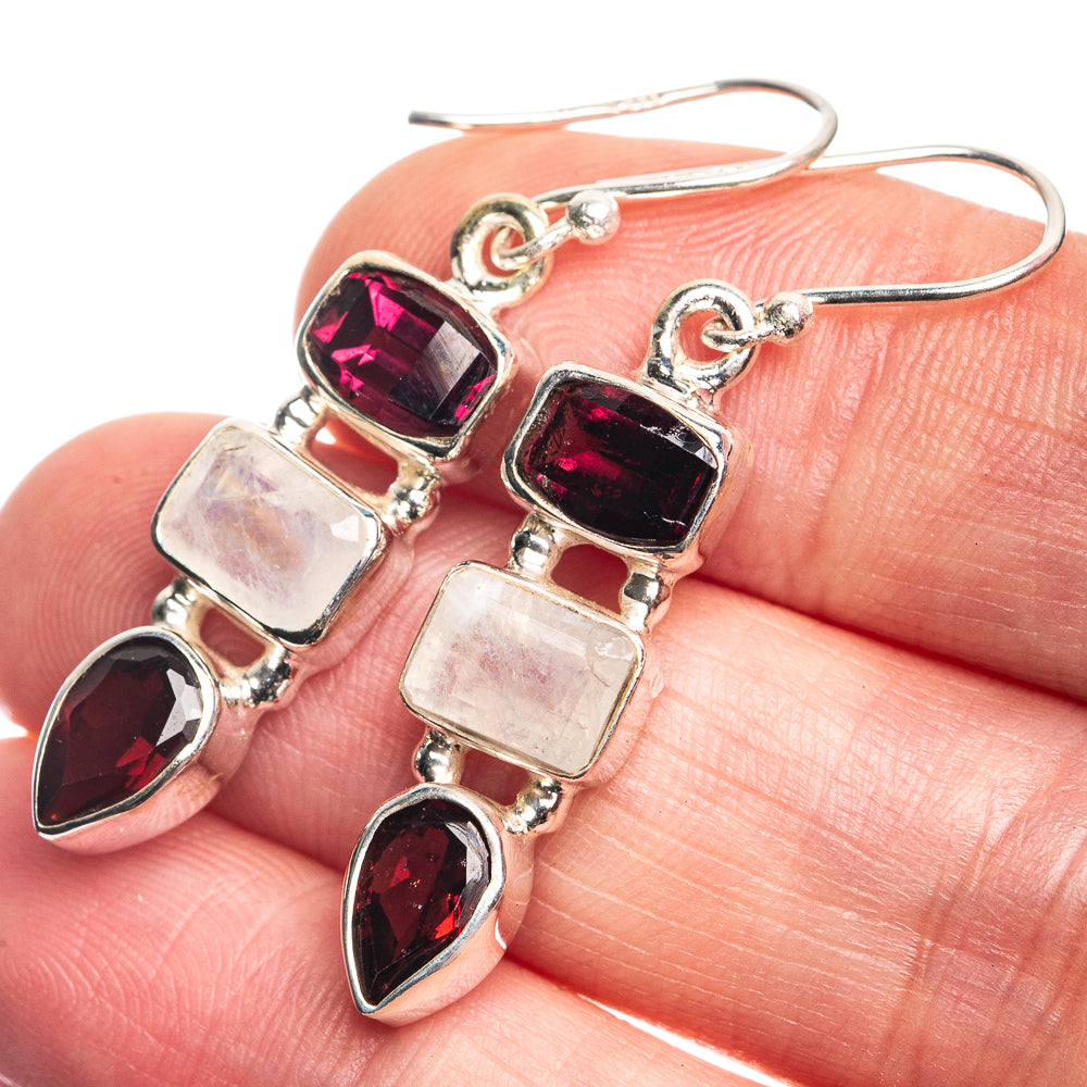 Rainbow Moonstone, Garnet Earrings 1 5/8" (925 Sterling Silver) E432747