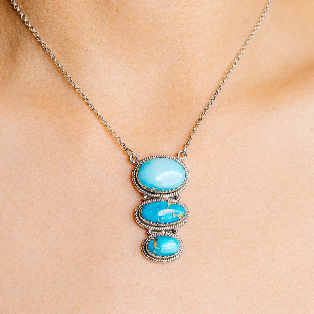 Sonoran South Hill Turquoise Native Style Necklace 16 to 18" (.925 Sterling Silver)