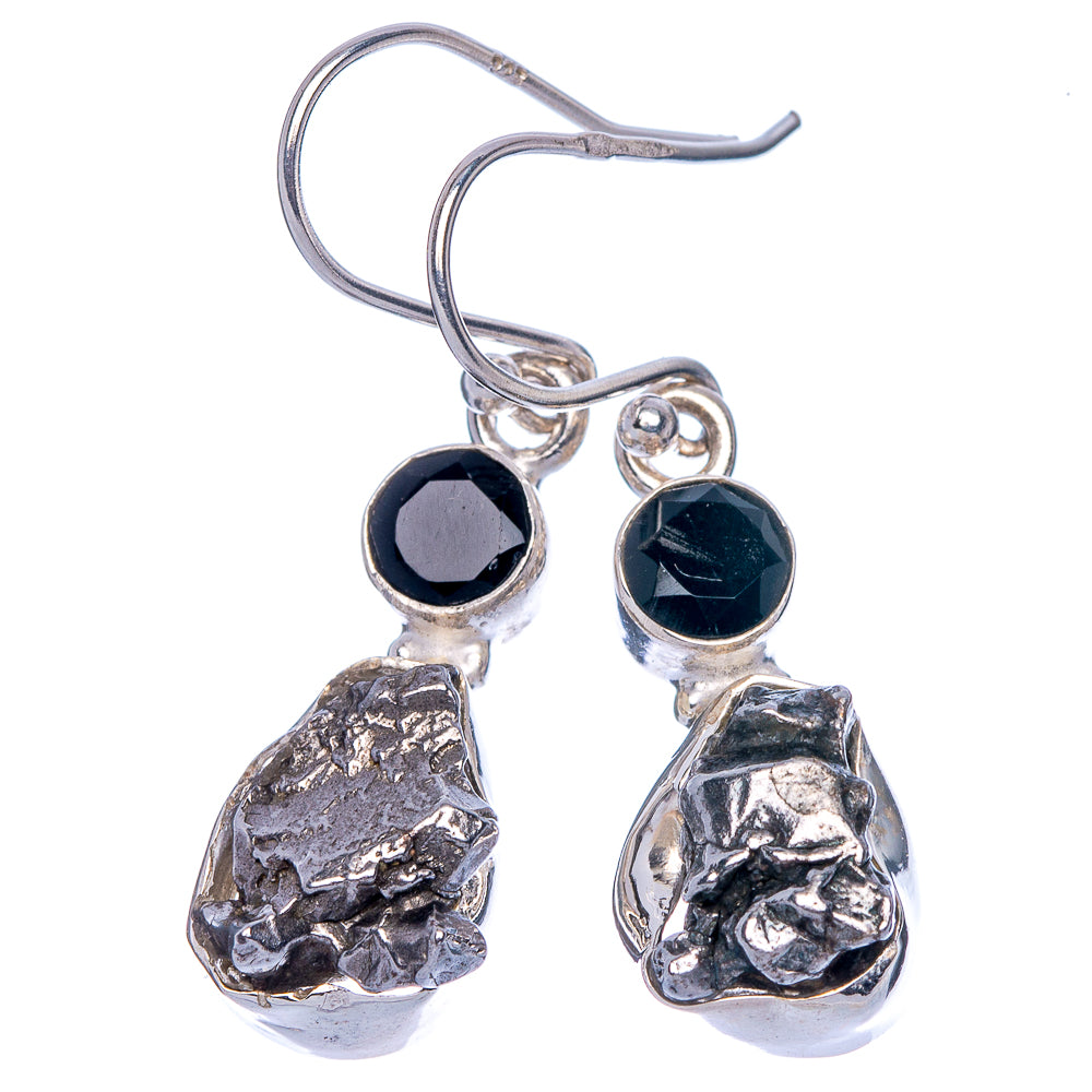 Rough Meteorite, Black Onyx Earrings 1 3/8" (925 Sterling Silver) E433190