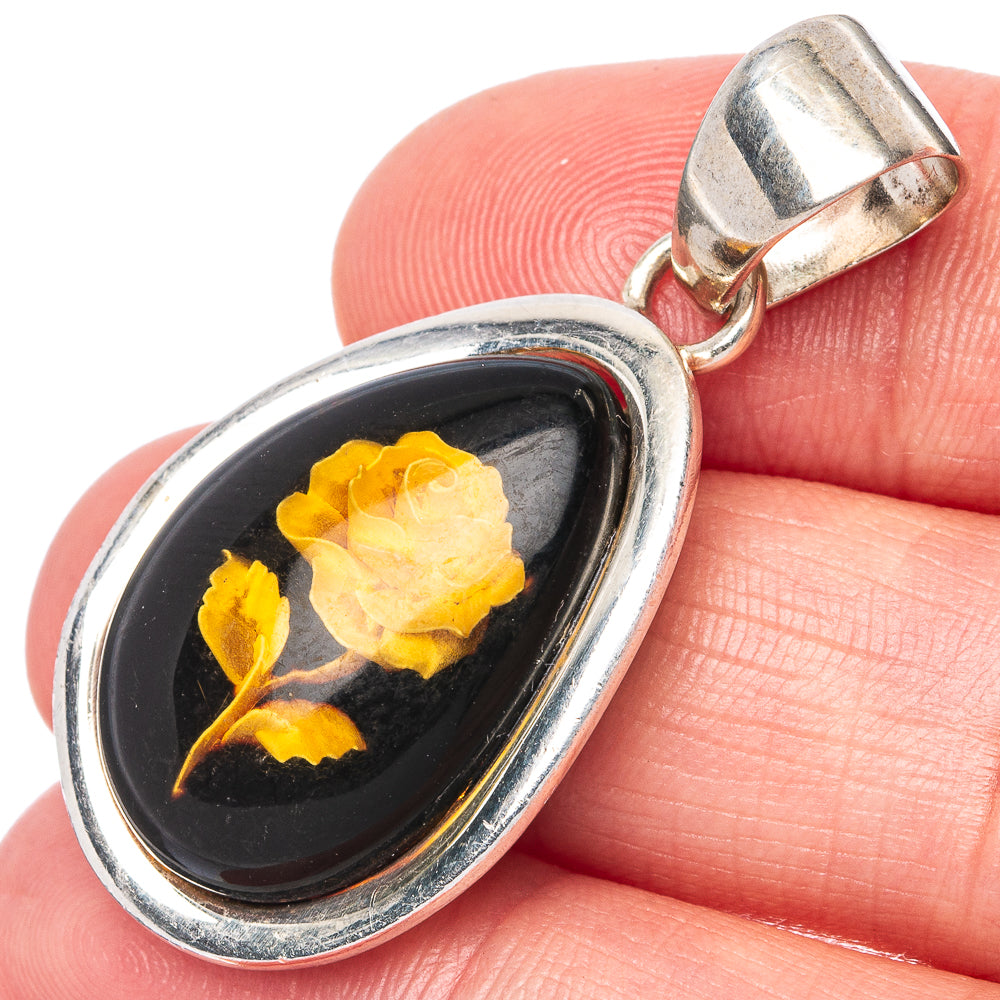 Amber Intaglio Rose Pendant 1 5/8" (925 Sterling Silver) P42559