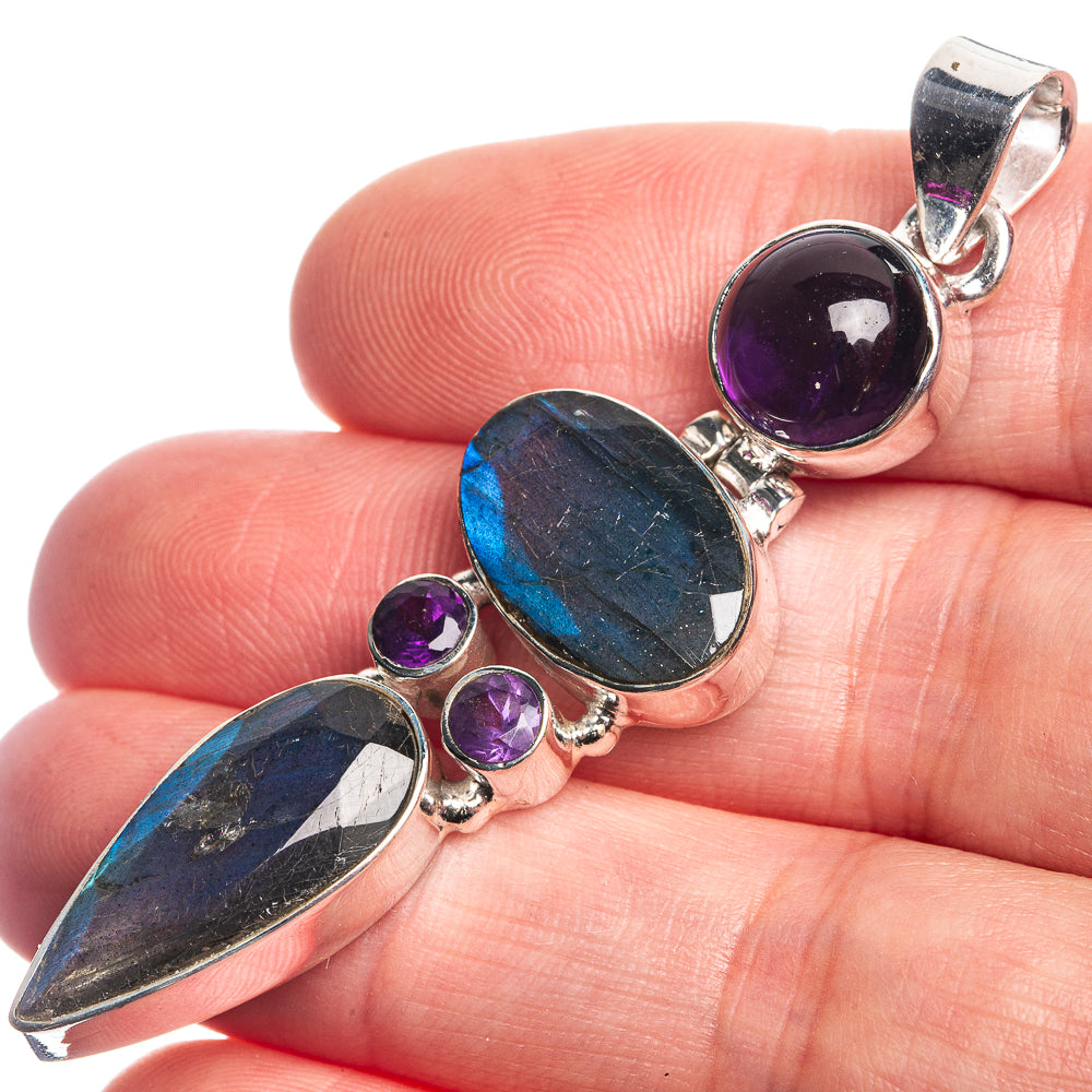 Labradorite, Amethyst 925 Sterling Silver Pendant 2 1/2"