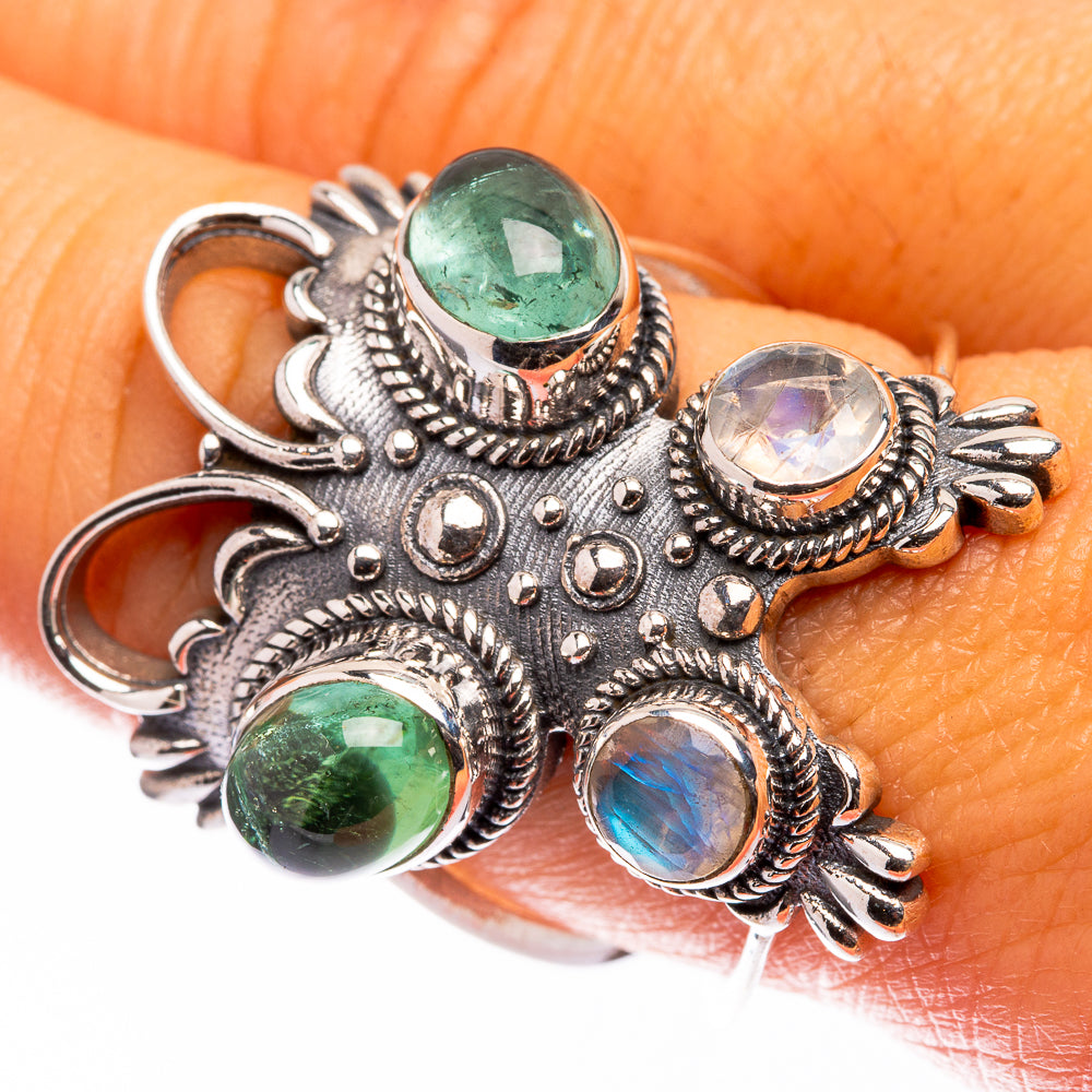 Large Green Tourmaline, Rainbow Moonstone Ring Size 9 (925 Sterling Silver) R141225
