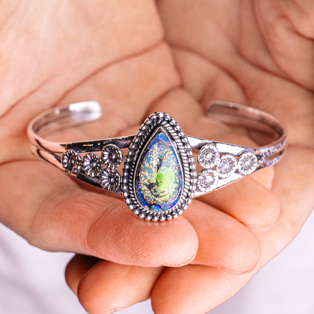 Sterling Opal Cuff Bracelet Adjustable (.925 Sterling Silver)