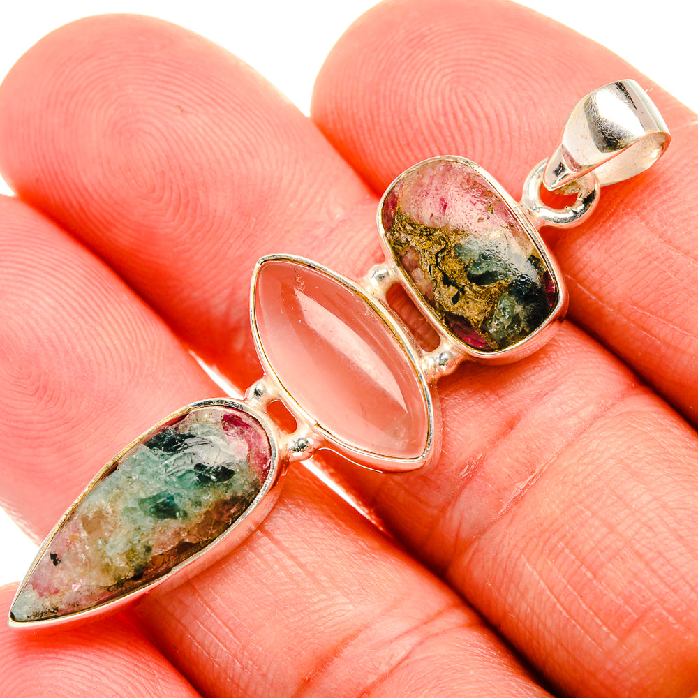 Natural Tourmaline, Rose Quartz 925 Sterling Silver Pendant 2 1/4" (925 Sterling Silver) PD38426