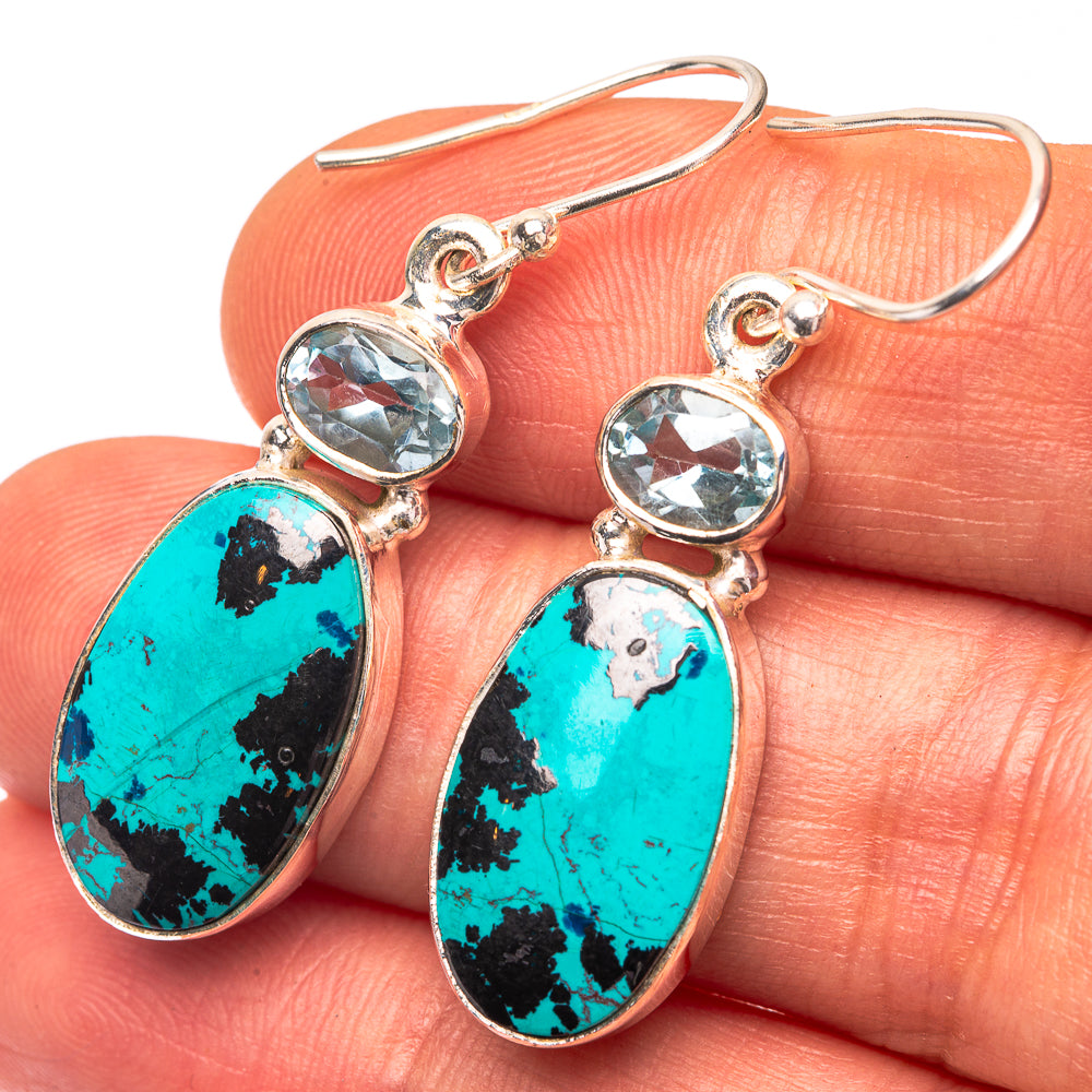 Shattuckite, Blue Topaz Earrings 1 5/8" (925 Sterling Silver) E432249