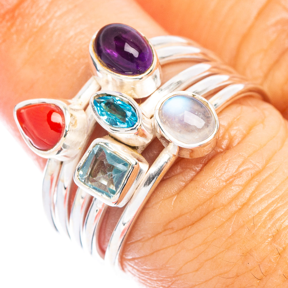 Rainbow Moonstone, Blue Topaz, Amethyst, Red Coral Ring Size 7.5 (925 Sterling Silver) R7359