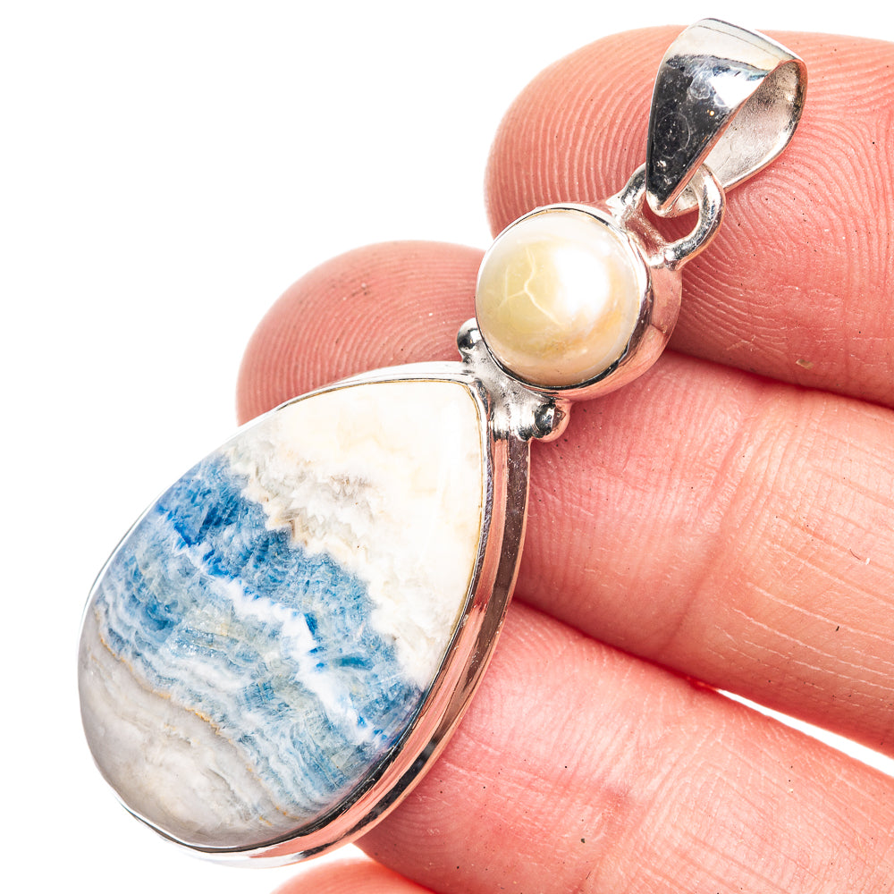 Blue Scheelite, Cultured Pearl Pendant 1 7/8" (925 Sterling Silver) P39151