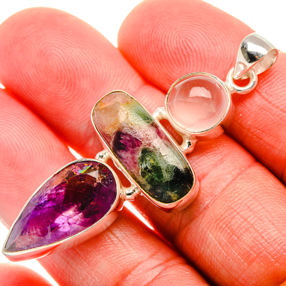 Natural Tourmaline, Amethyst, Rose Quartz Pendant 2 1/4" (925 Sterling Silver) PD38137