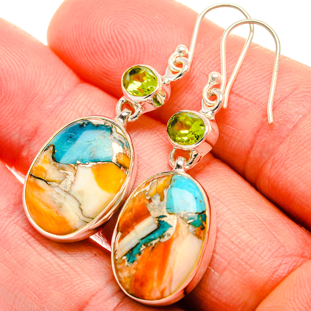 Spiny Oyster Turquoise, Peridot Earrings 1 3/4" (925 Sterling Silver) EARR432062