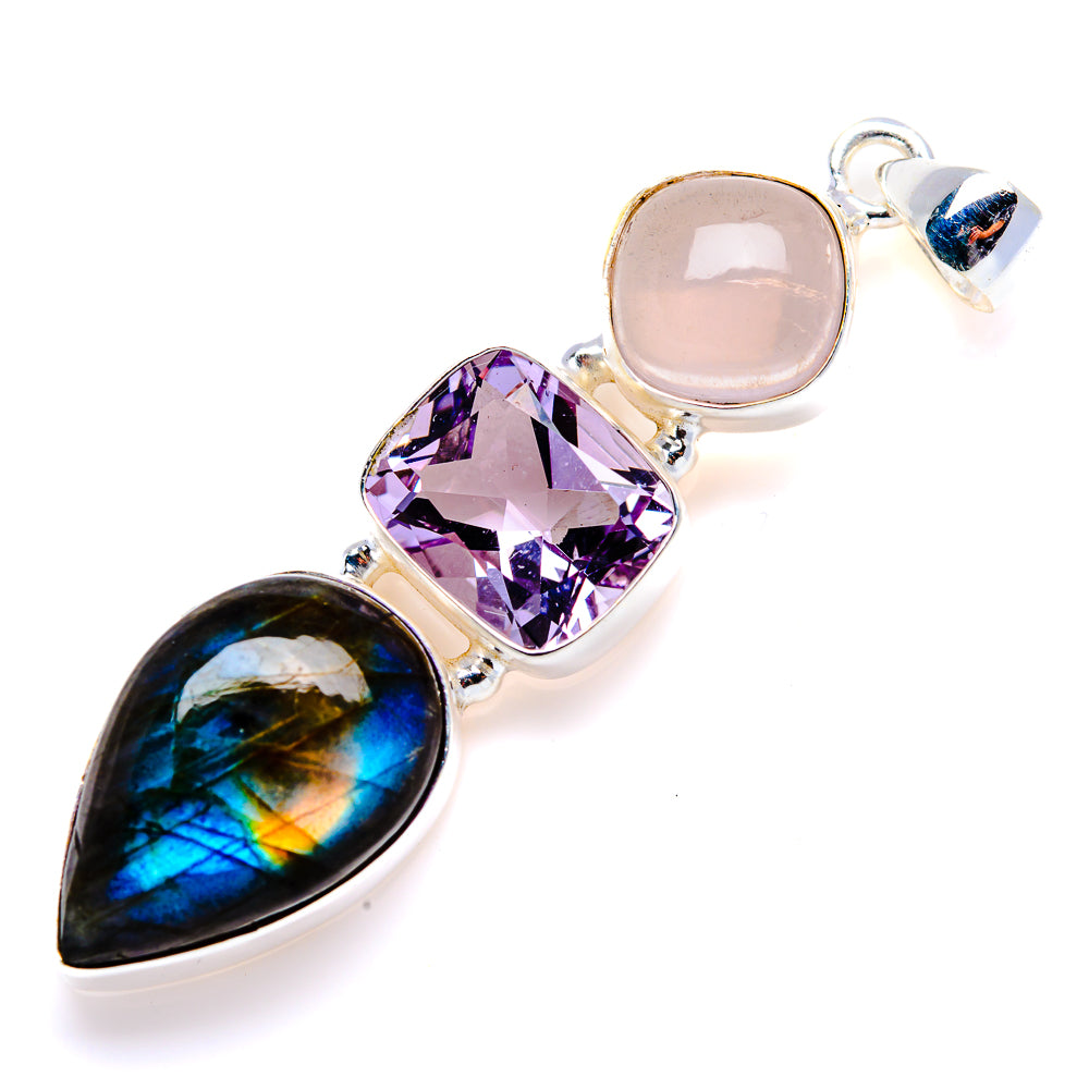 Labradorite, Amethyst, Rose Quartz Pendant 2 1/4" (925 Sterling Silver) PD38196