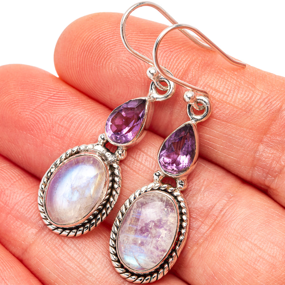 Rainbow Moonstone, Amethyst Earrings 1 5/8" (.925 Sterling Silver)