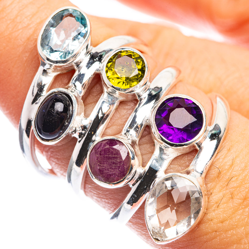 Large Blue Topaz, Tanzanite, Peridot, Ruby, Amethyst, White Quartz Ring Size 8 (925 Sterling Silver) RING143363