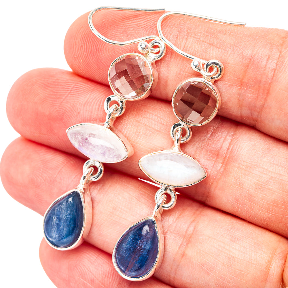 Premium Kyanite, Rainbow Moonstone, White Quartz Earrings 2 1/8" (.925 Sterling Silver)