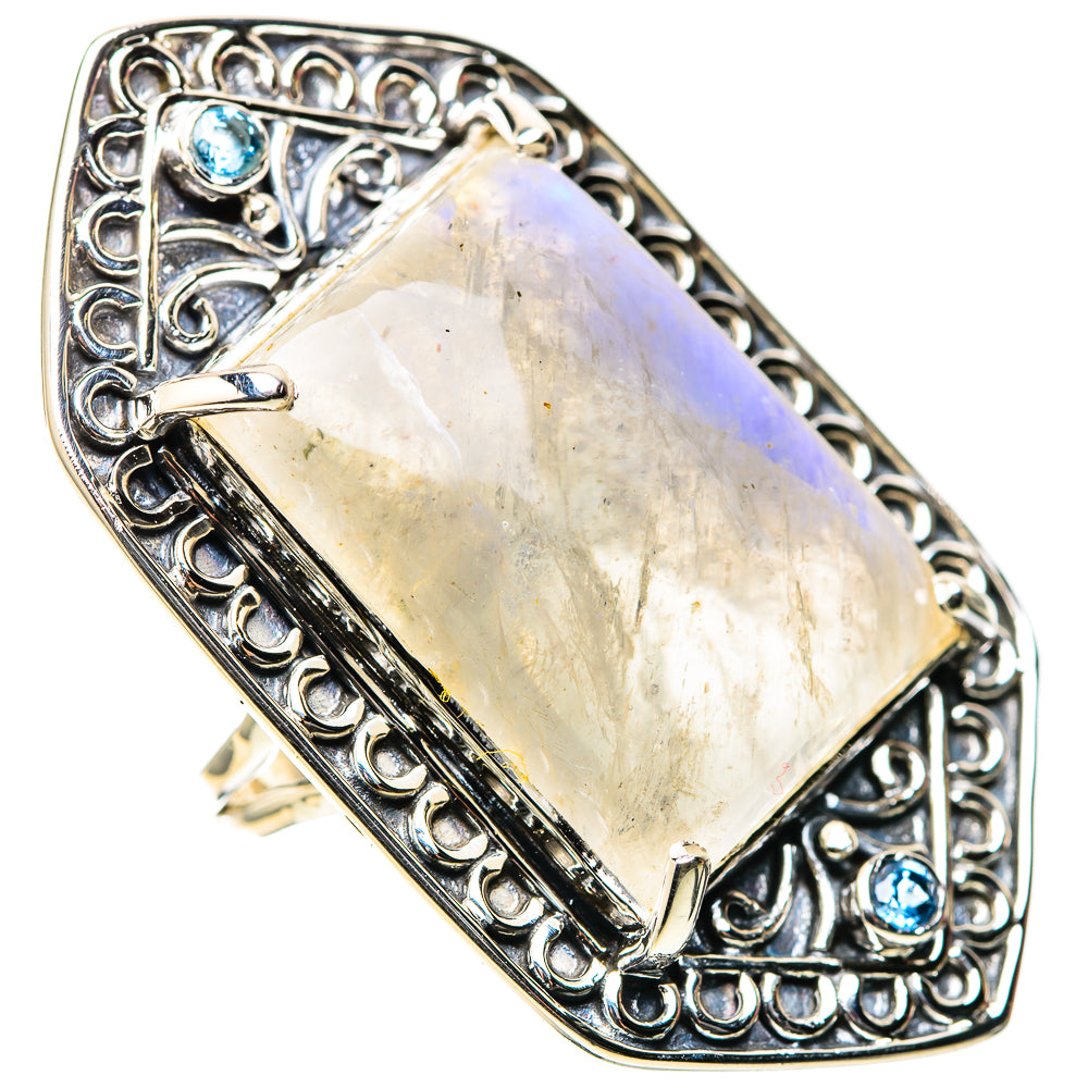 Signature Huge Rainbow Moonstone, Blue Topaz Ring Size 8.25 (925 Sterling Silver) RING138272