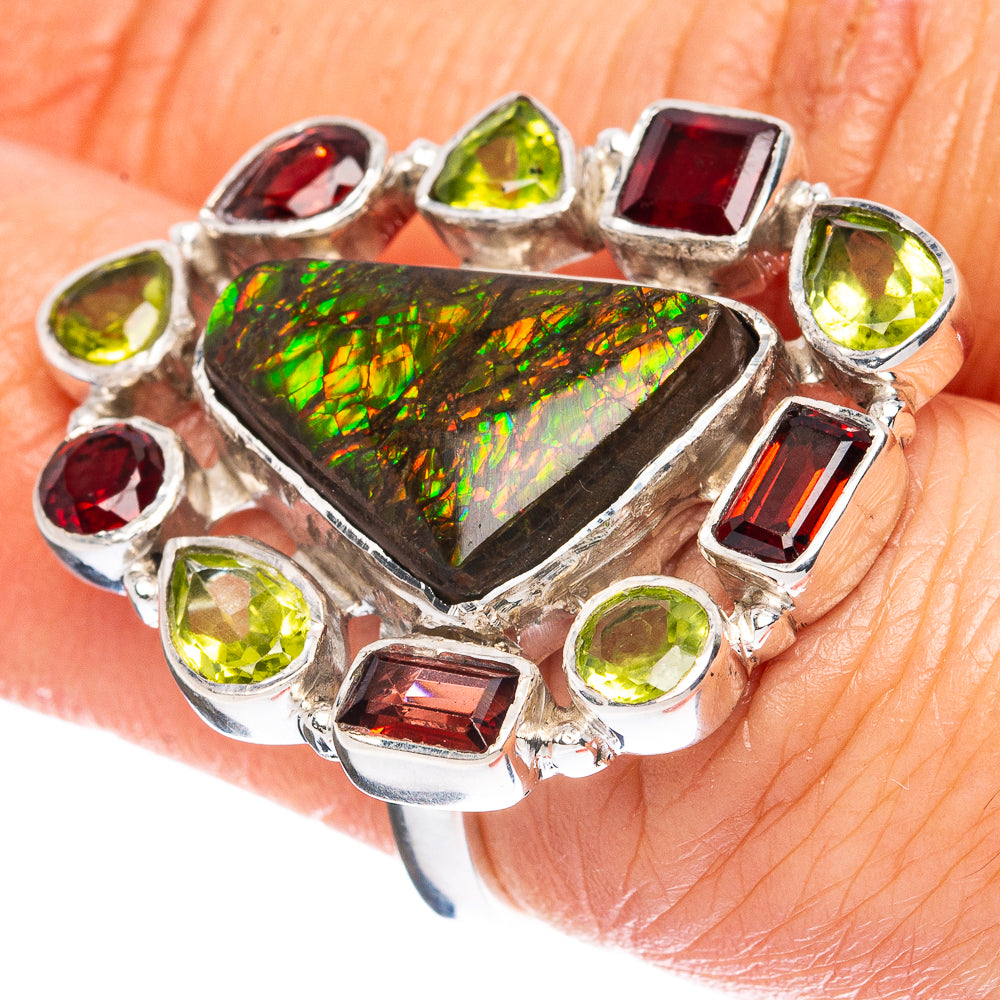 Signature Ammolite, Garnet, Peridot Ring Size 6 (925 Sterling Silver) R3553