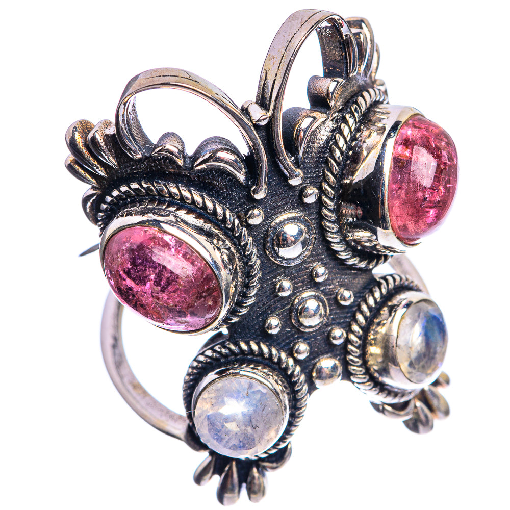 Large Pink Tourmaline, Rainbow Moonstone 925 Sterling Silver Ring Size 6.5