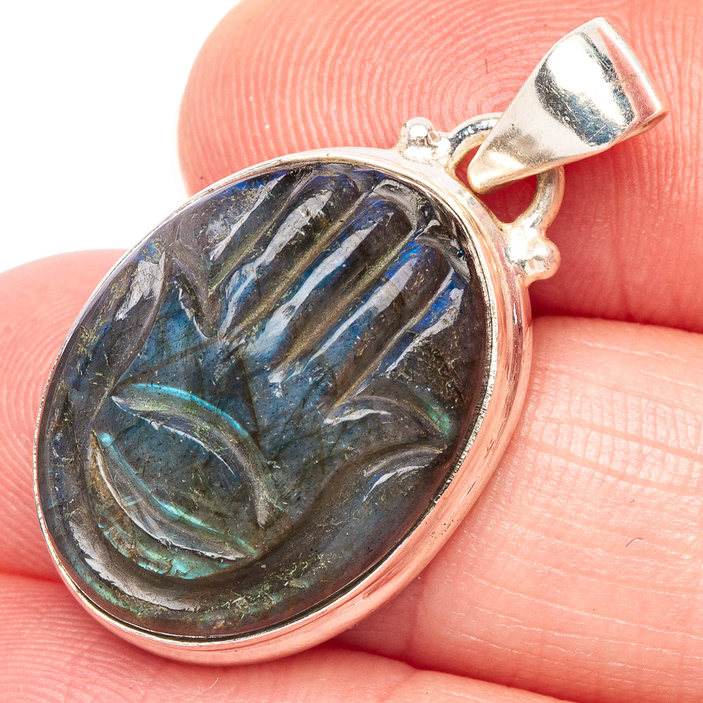 Carved Labradorite Hand Pendant 1 1/4" (925 Sterling Silver) P44212