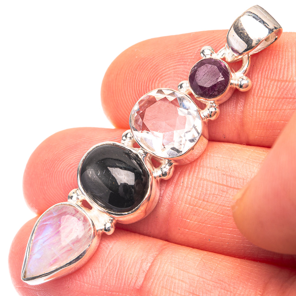 Rainbow Moonstone, Black Onyx, White Quartz, Amethyst Pendant 1 7/8" (925 Sterling Silver) P38707