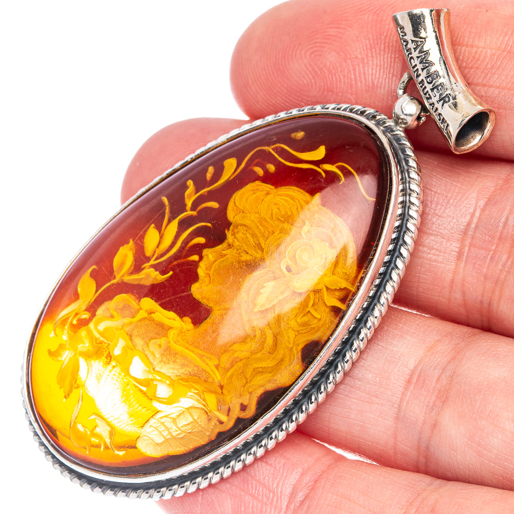 Anasilvercos Baltic Amber Cameo Pendant 2 3/8" (925 Sterlnig Silver)