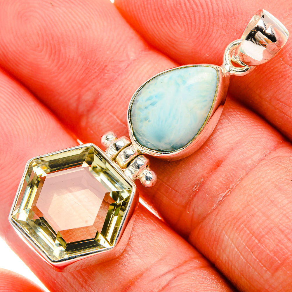 Faceted Green Amethyst, Larimar 925 Sterling Silver Pendant 1 3/4" (925 Sterling Silver) PD38409