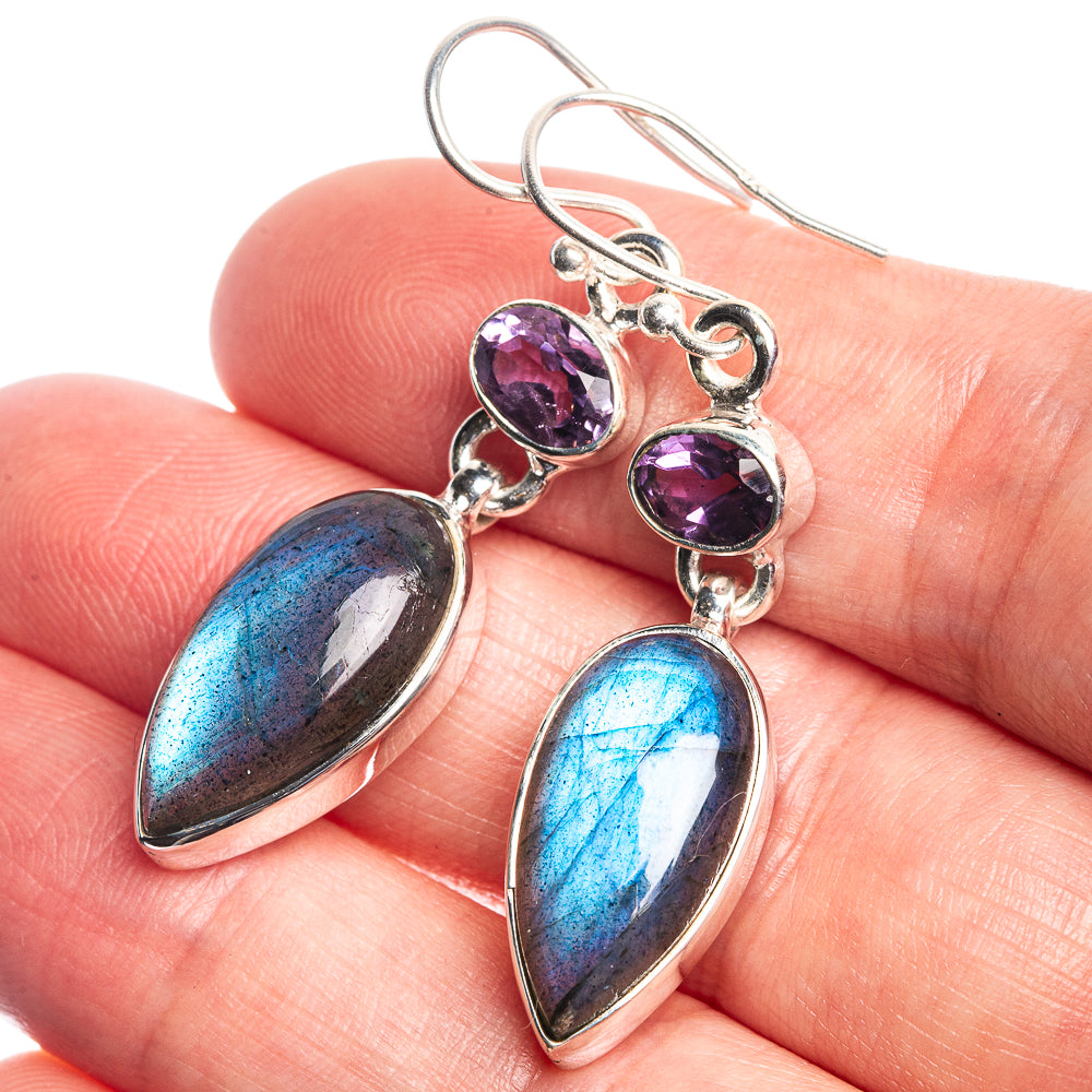 Labradorite, Amethyst Earrings 1 3/4" (925 Sterling Silver) E432986