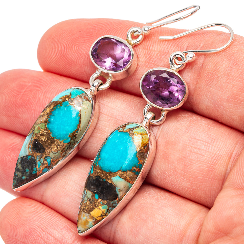 Mohave Turquoise, Amethyst 925 Sterling Silver Earrings 2 1/4" (925 Sterling Silver) E2145