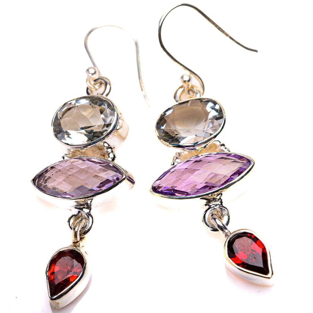 Amethyst, White Quartz, Garnet Earrings 1 7/8" (925 Sterling Silver) EARR432135