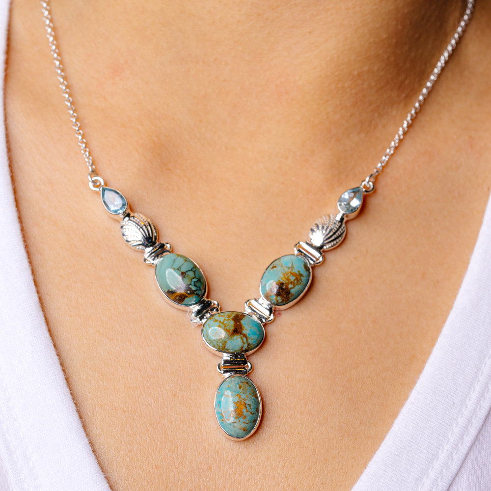 Arizona Turquoise Seashell Necklace 16 3/4 To 18 3/4" (925 Sterling Silver) N90106