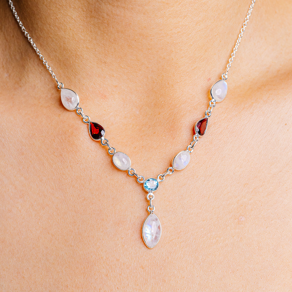 Rainbow Moonstone, Blue Topaz, Garnet Necklace 15 to 16" (.925 Sterling Silver)