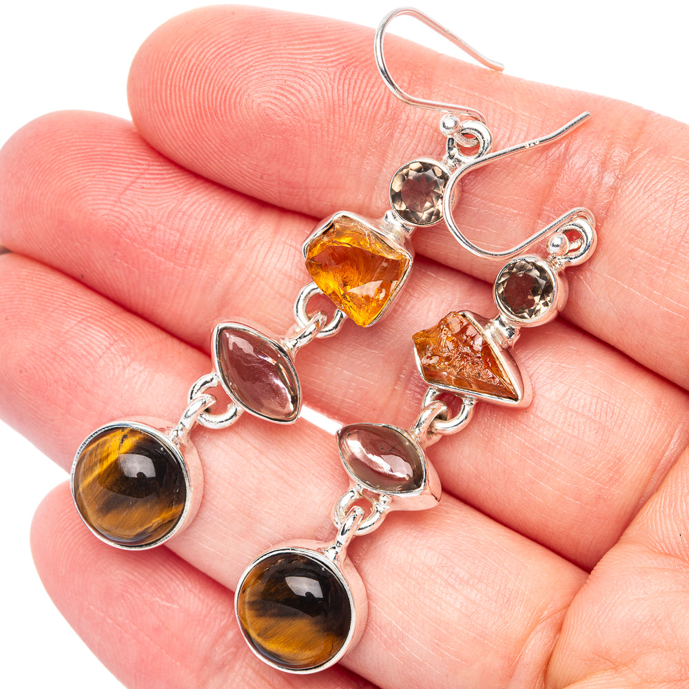 Premium Tiger Eye, Citrine, Smoky Quartz Earrings 2 1/4" (925 Sterling Silver) E1249