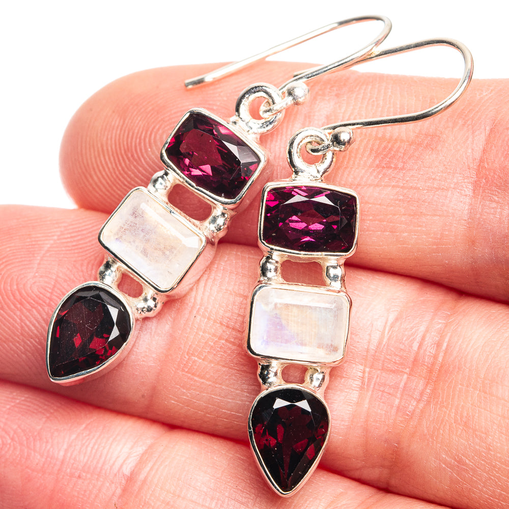 Rainbow Moonstone, Garnet Earrings 1 5/8" (925 Sterling Silver) E432581