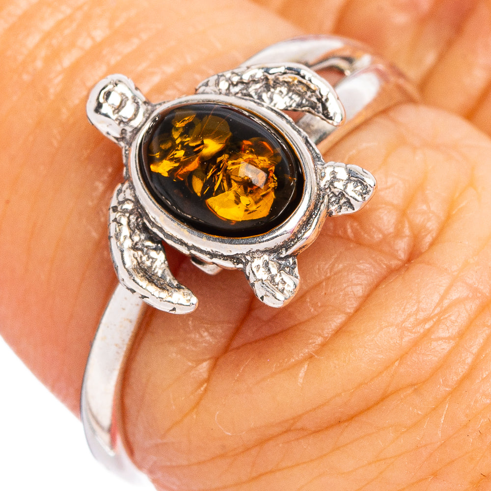 Baltic Amber Sea Turtle Ring Size 6 Adjustable (.925 Sterling Silver)