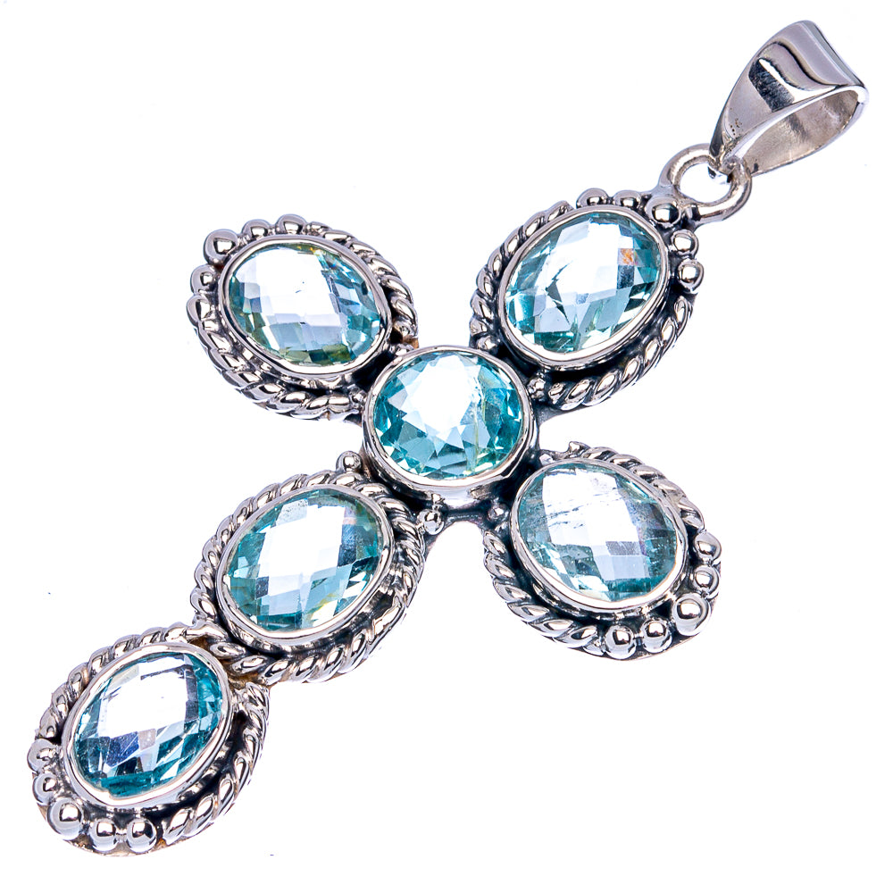 Signature Blue Topaz Cross Pendant 2 1/8" (925 Sterling Silver) P42286