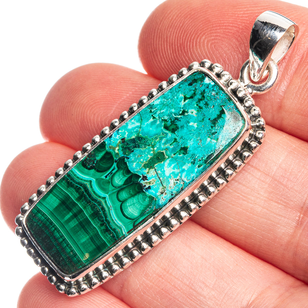 Malachite In Chrysocolla 925 Sterling Silver Pendant 1 3/4"