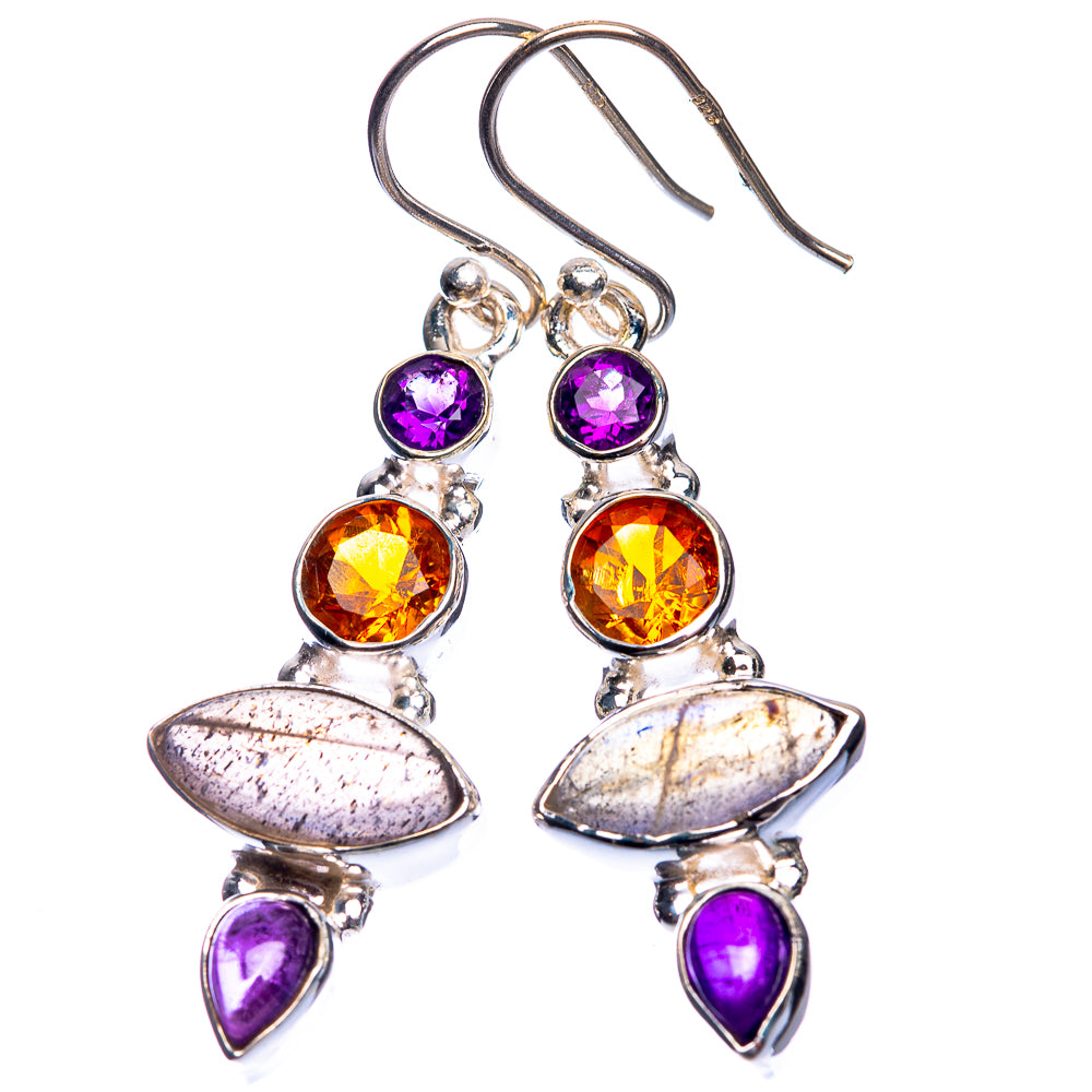Labradorite, Citrine, Amethyst Earrings 1 3/4" (925 Sterling Silver) E432619