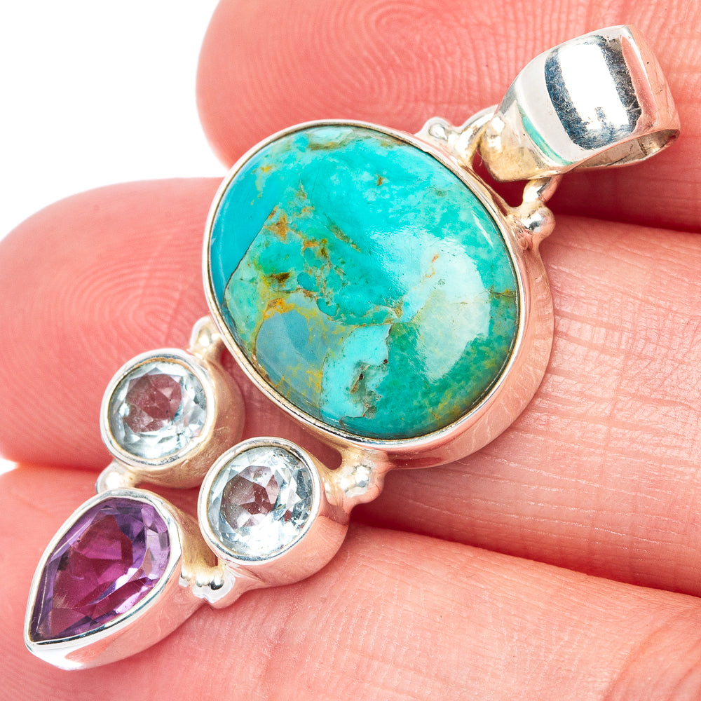 Rare Kingman Turquoise, Amethyst, Blue Topaz Pendant 1 1/2" (925 Sterling Silver) P41098