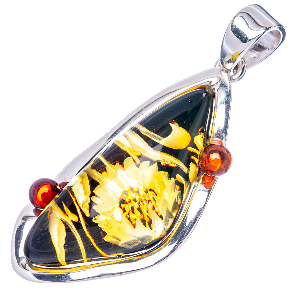 Amber Intaglio Sunflower Pendant 2" (925 Sterling Silver) P42569