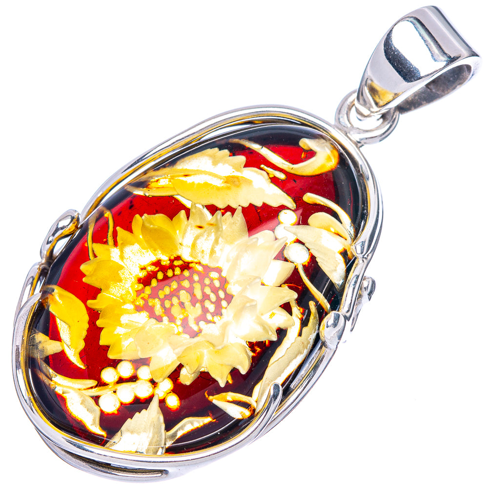 Amber Intaglio Sunflower Pendant 1 5/8" (925 Sterling Silver) P42563