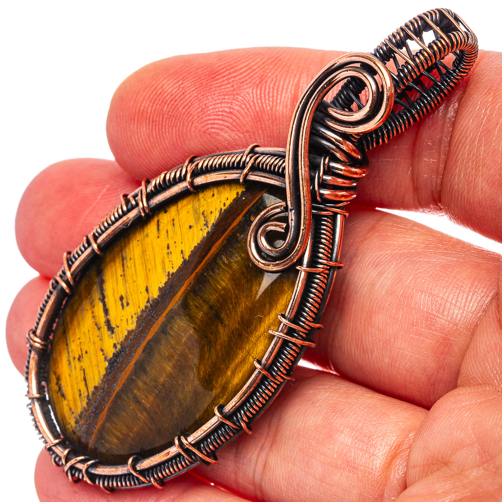 Tiger's Eye Wire Wrap Pendant 2 5/8" (Oxidized Copper)