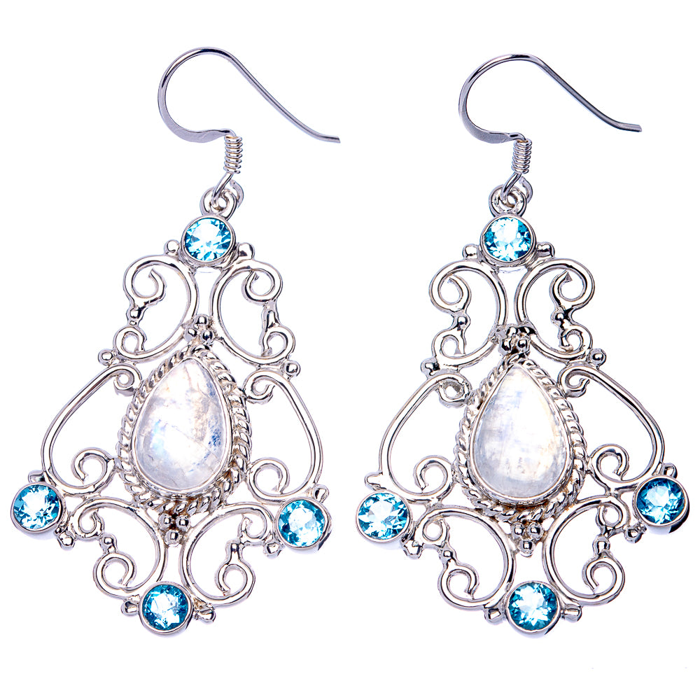 Signature Rainbow Moonstone, Blue Topaz Earrings 2 1/4" (925 Sterling Silver) E1077