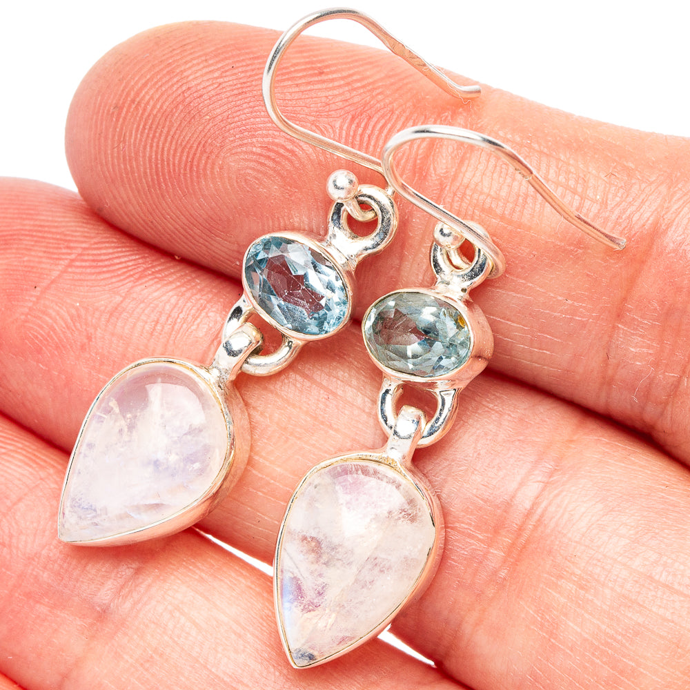 Rainbow Moonstone, Blue Topaz 925 Sterling Silver Earrings 1 5/8" (925 Sterling Silver) E2115