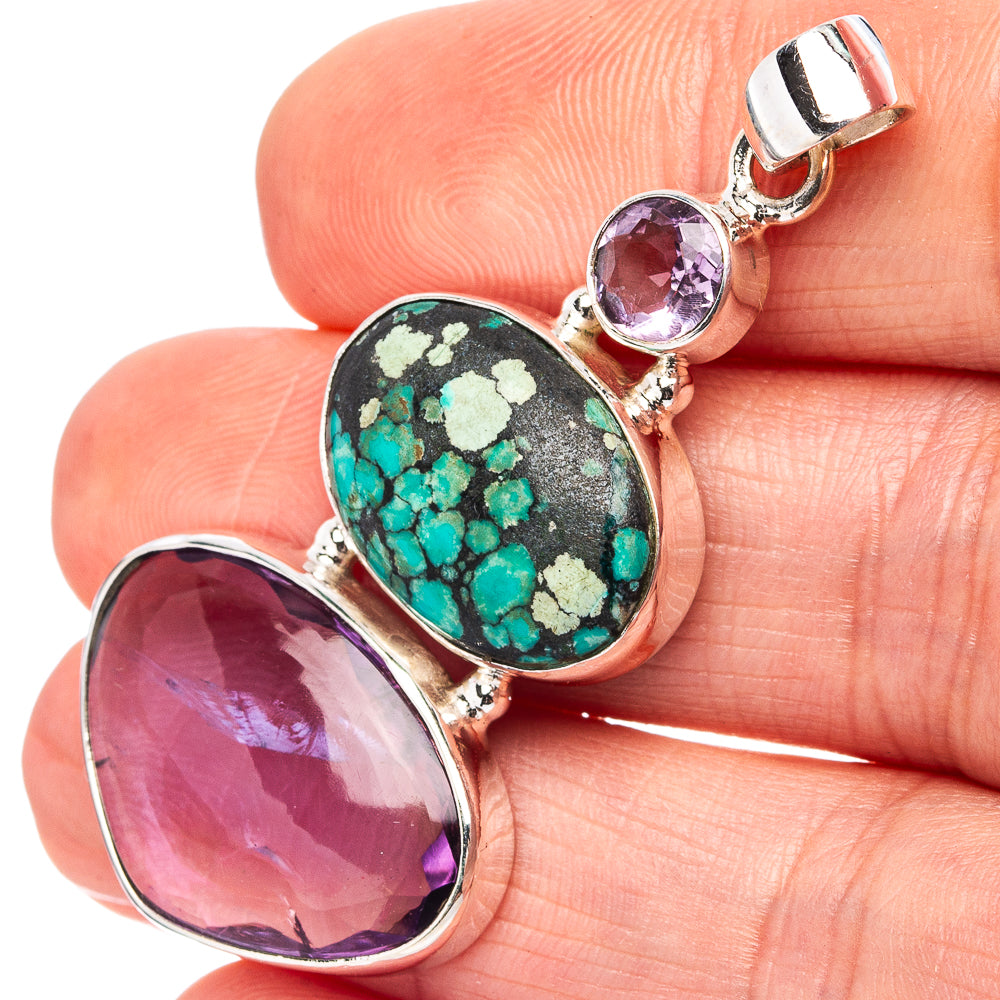 Premium Tibetan Turquoise, Amethyst Pendant 1 7/8" (.925 Sterling Silver)