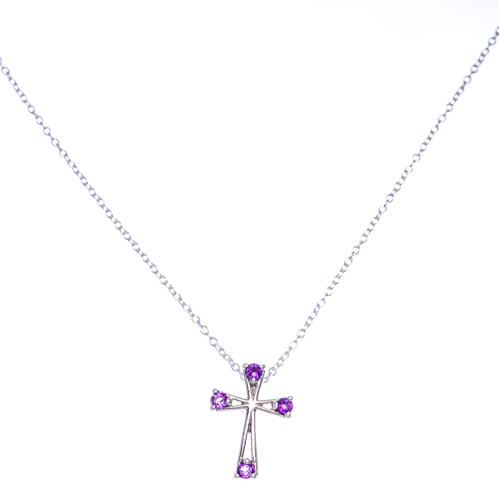 Faceted Amethyst Cross Necklace 18" (925 Sterling Silver) N90048