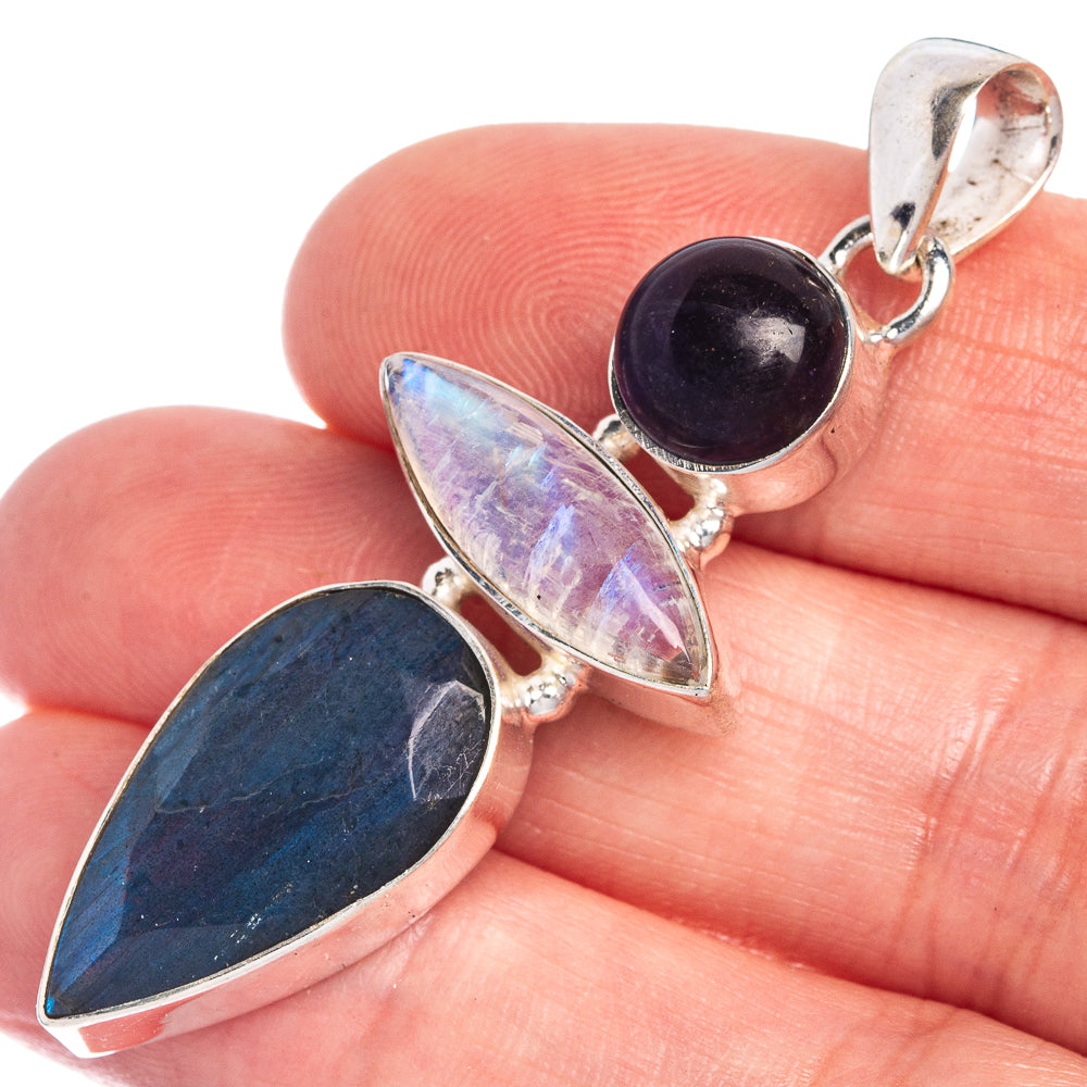 Labradorite, Rainbow Moonstone, Amethyst Pendant 2" (925 Sterling Silver) P39833