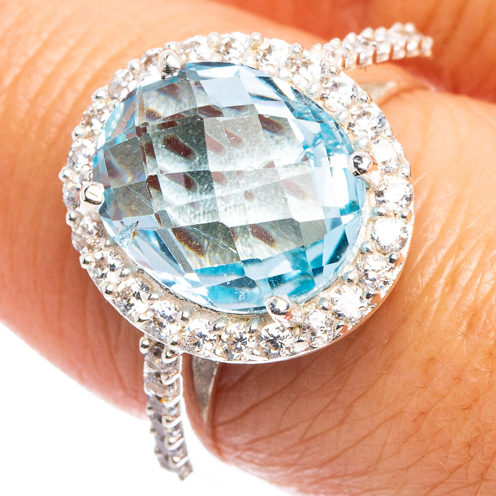 Faceted Blue Topaz, Cubic Zirconia Ring Size 8 (.925 Sterling Silver)