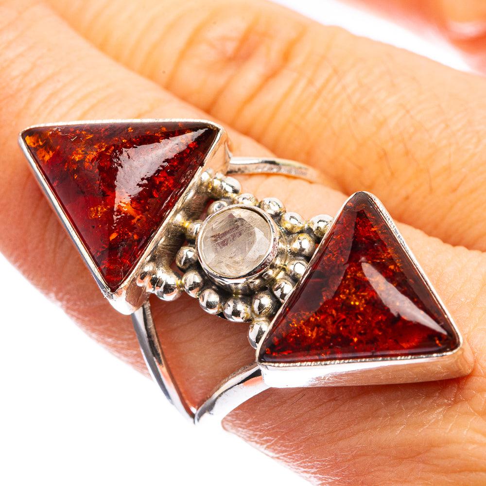 Large Baltic Amber, Rainbow Moonstone Ring Size 8 (925 Sterling Silver) R143036