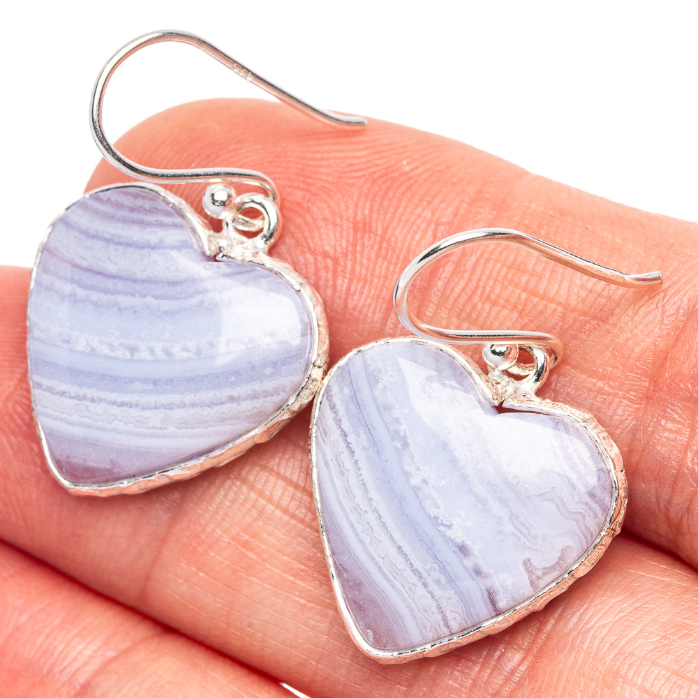 Blue Lace Agate Heart 925 Sterling Silver Earrings 1 1/4" (925 Sterling Silver) E1949