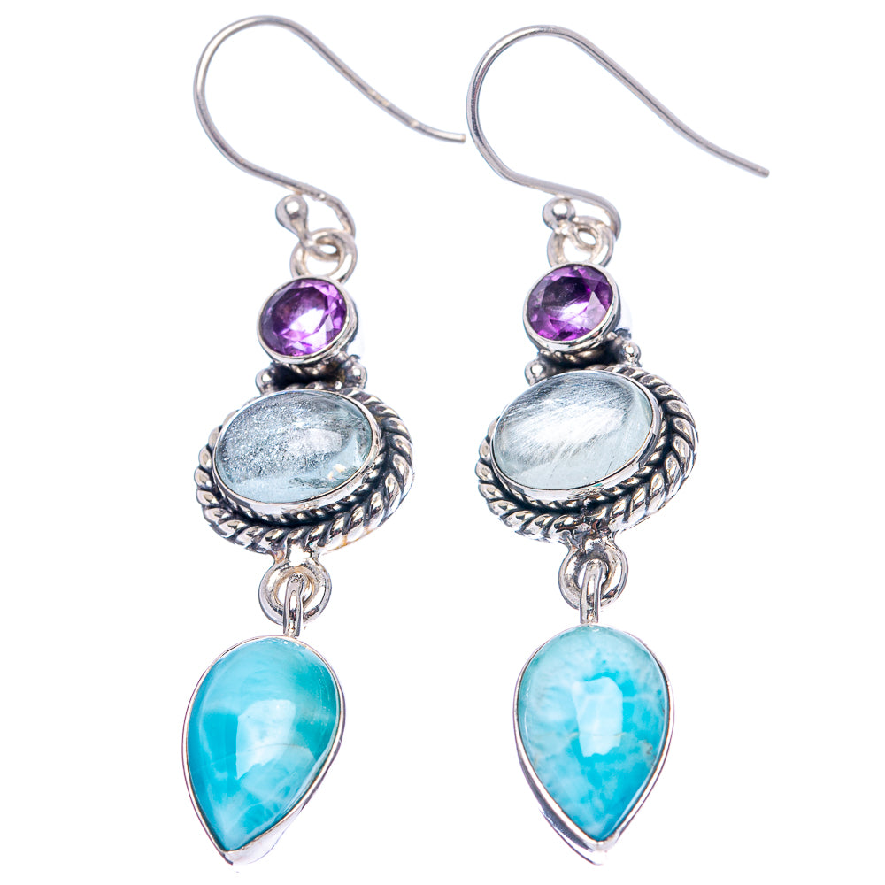 Premium Larimar, Aquamarine, Amethyst Earrings 2" (.925 Sterling Silver)