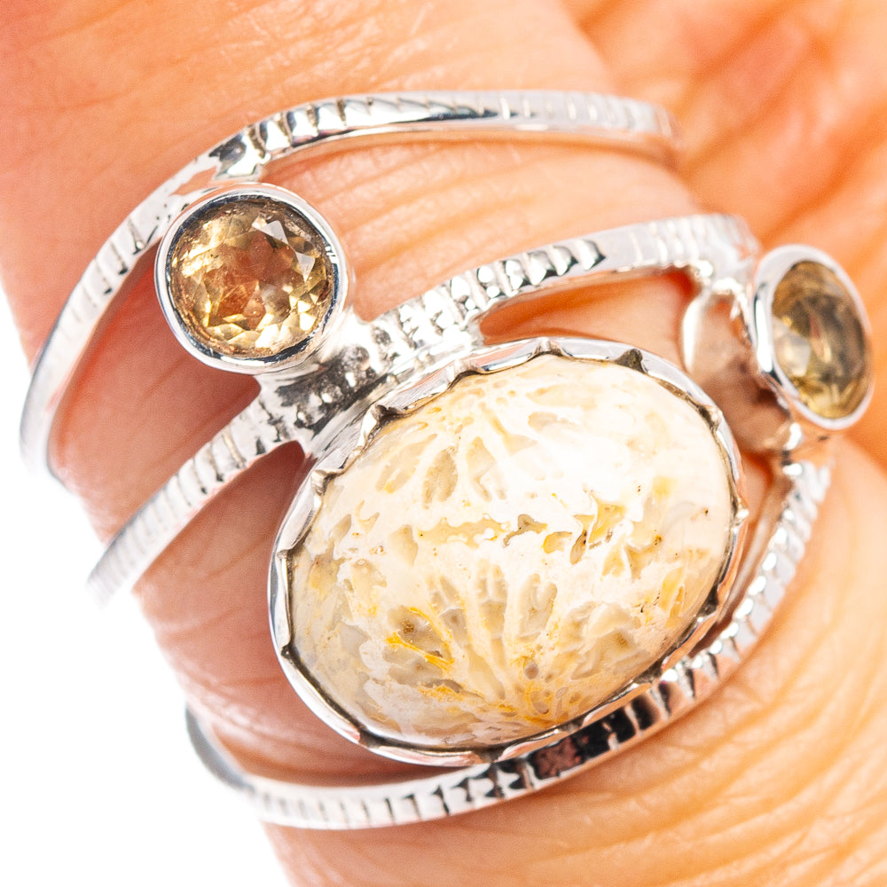 Premium Fossil Coral, Citrine Ring Size 6.75 (.925 Sterling Silver)